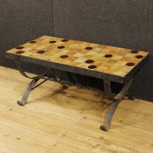 Mesa de centro francesa de design assinada com tampo em cerâmica e vidro